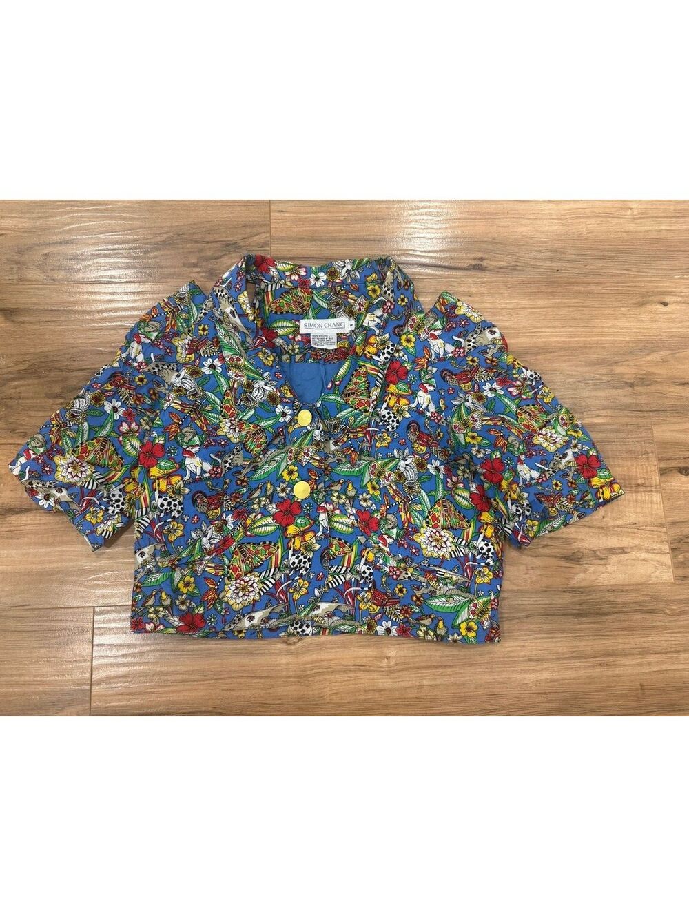 Vintage Simon Chang Cropped Tropical Animal Print Viscose Blouse Size 4